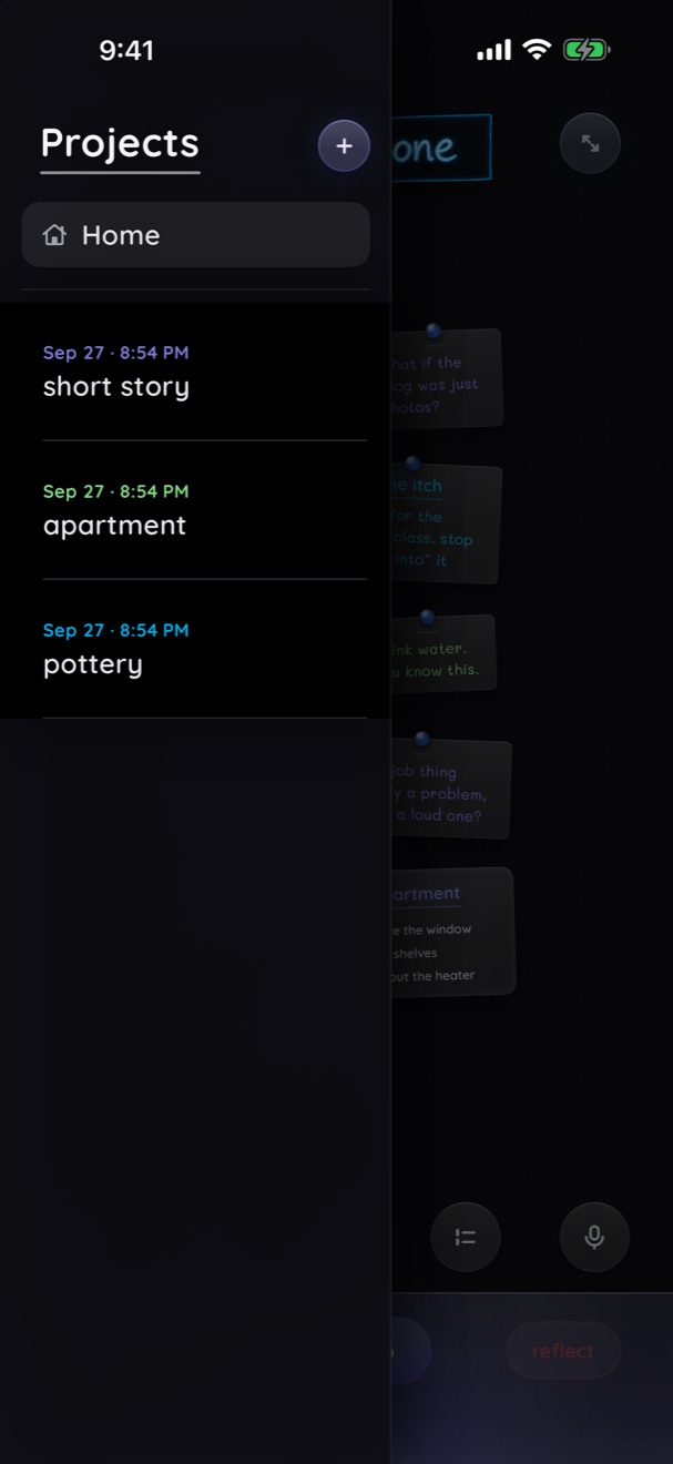 The projects drawer open over the wall, listing short story, apartment and pottery