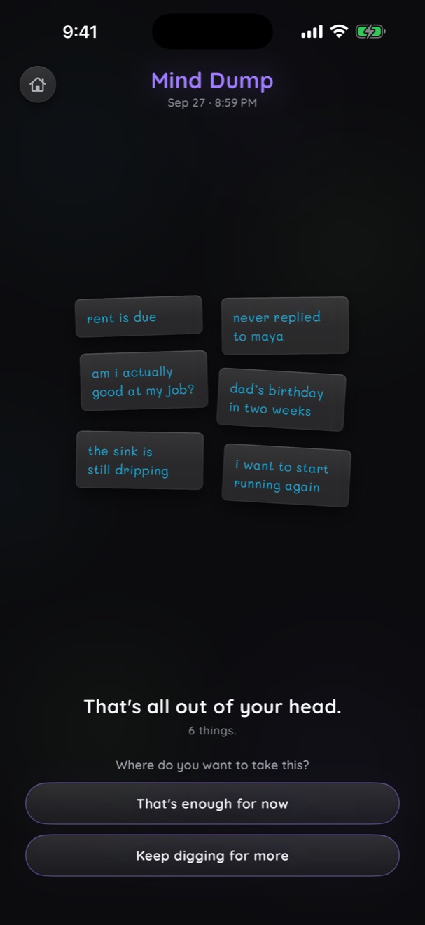 The end of a Mind Dump: six memos on the wall and the words that's all out of your head