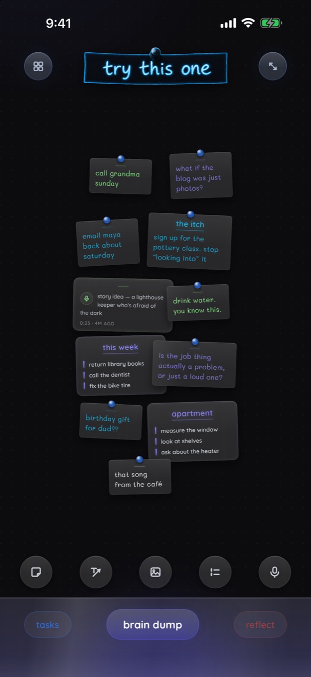 The brain dump wall in try this one, covered in memos: call grandma sunday, email maya back about saturday, a voice memo with a story idea, a list for this week, and more